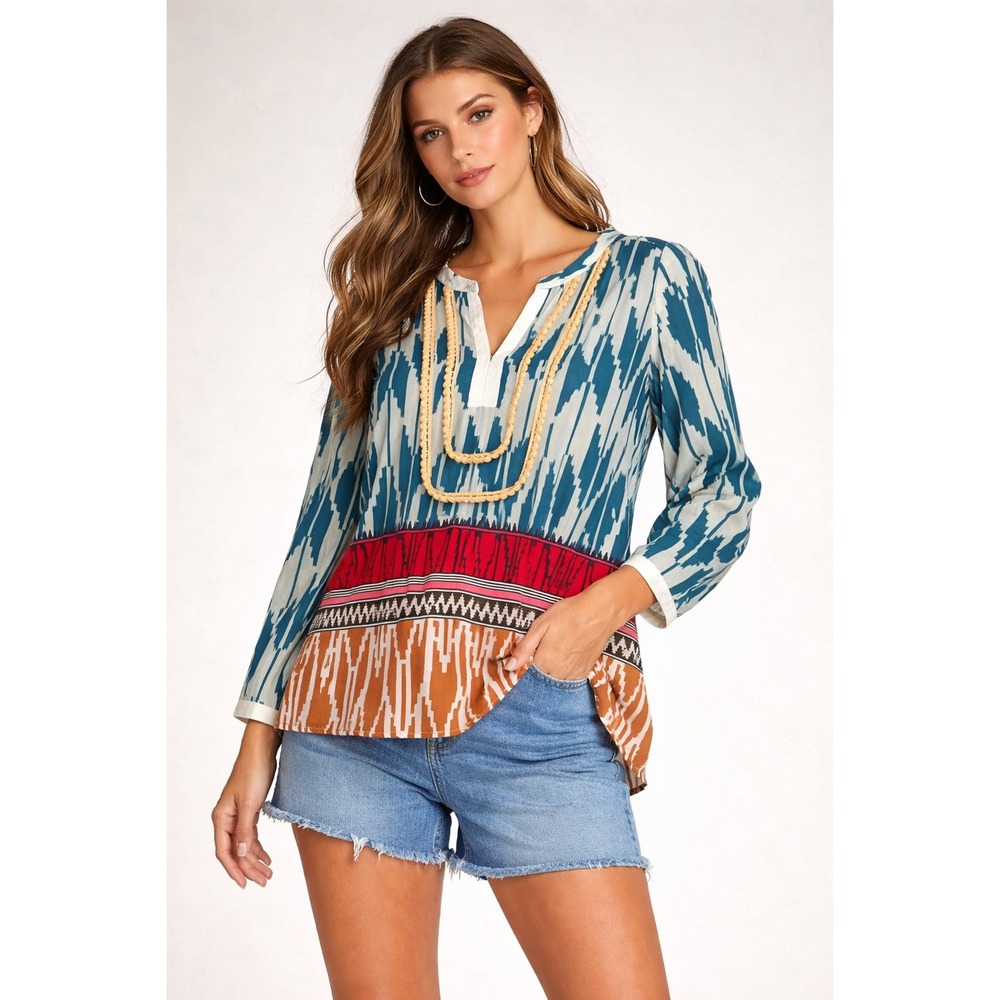 Maeve Anthropologie Teal Red‎ Ikat Geometric Split V-Neck Blouse Top Size 2
